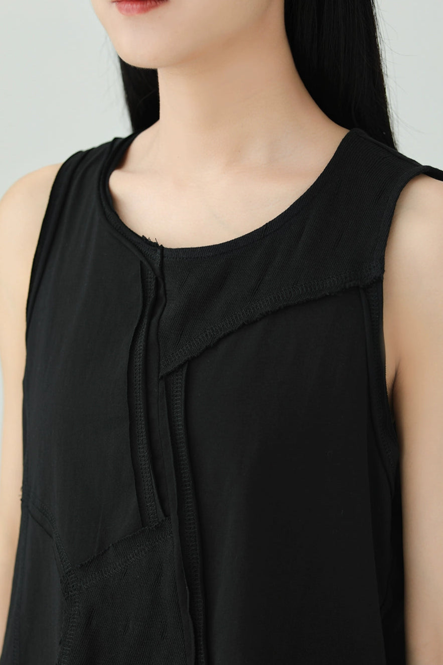 棉質不規則拼布無袖上衣 B4135