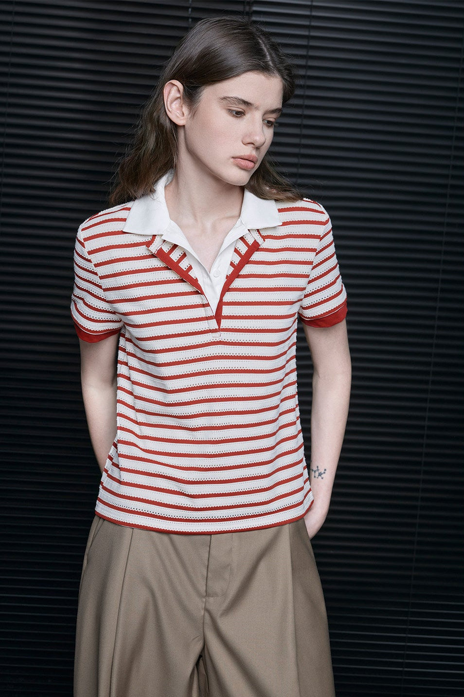 Fake Two-Piece Stripe Short-Sleeve Polo Shirt B4709