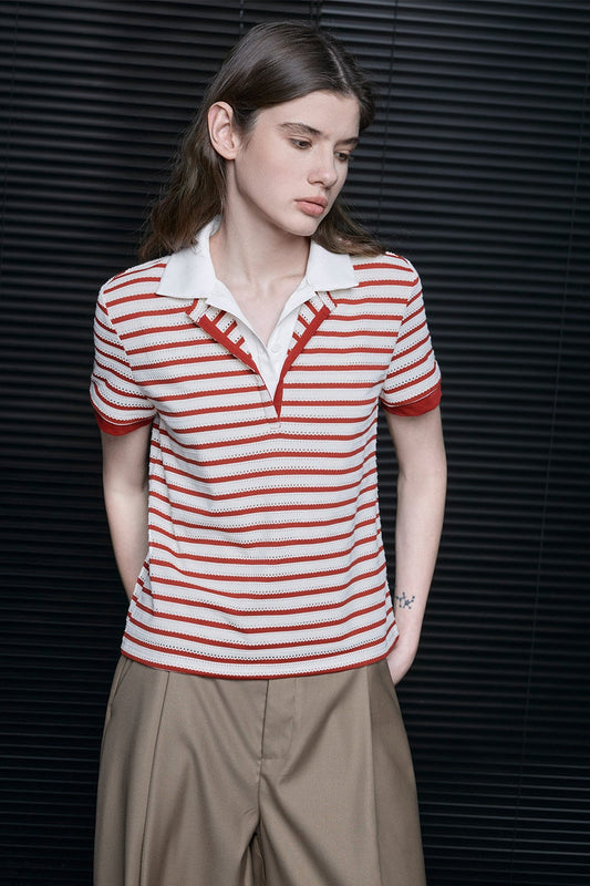 Fake Two-Piece Stripe Short-Sleeve Polo Shirt B4709