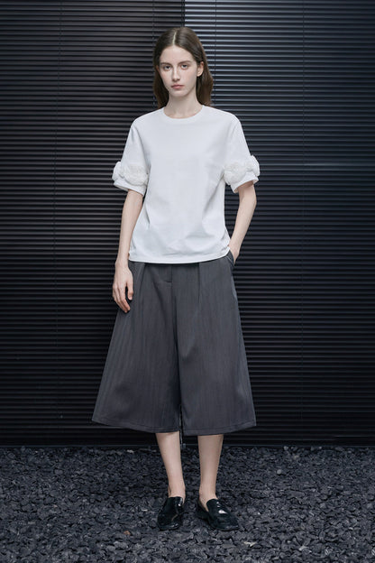 3Dフラワーホワイトコットン半袖Tシャツ　B4697