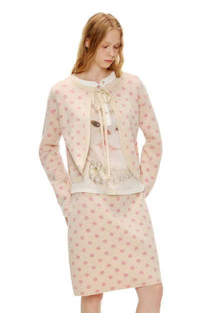 ピーチピンクジャガードドットカーディガン・スカート　B4596