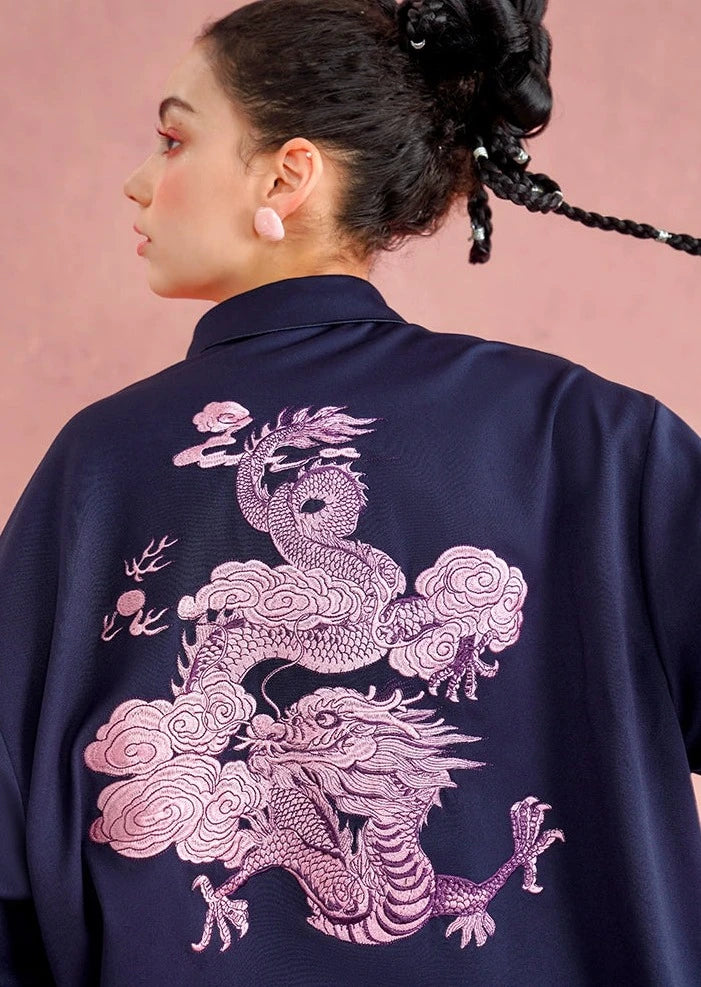 Pink dragon embroidery retro shirt jacket B2703