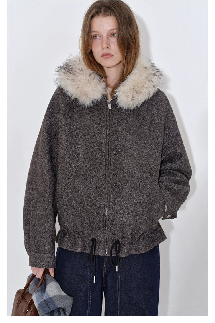 人造毛皮連帽羊毛混紡圈圈保暖外套 B4399