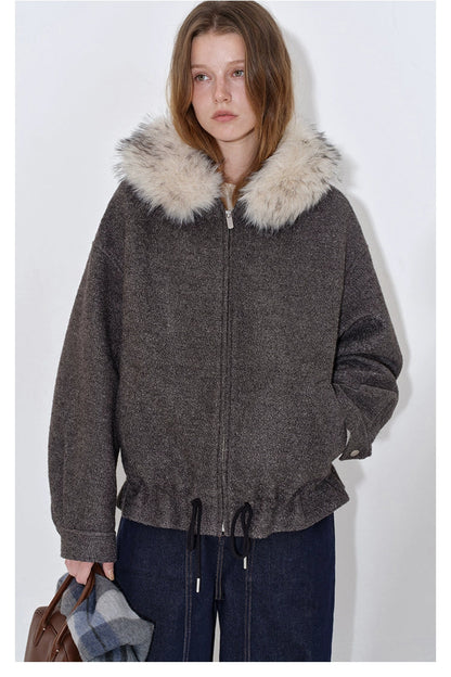 人造毛皮連帽羊毛混紡圈圈保暖外套 B4399