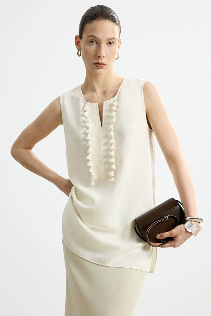 流蘇刺繡法式無袖上衣 B4139