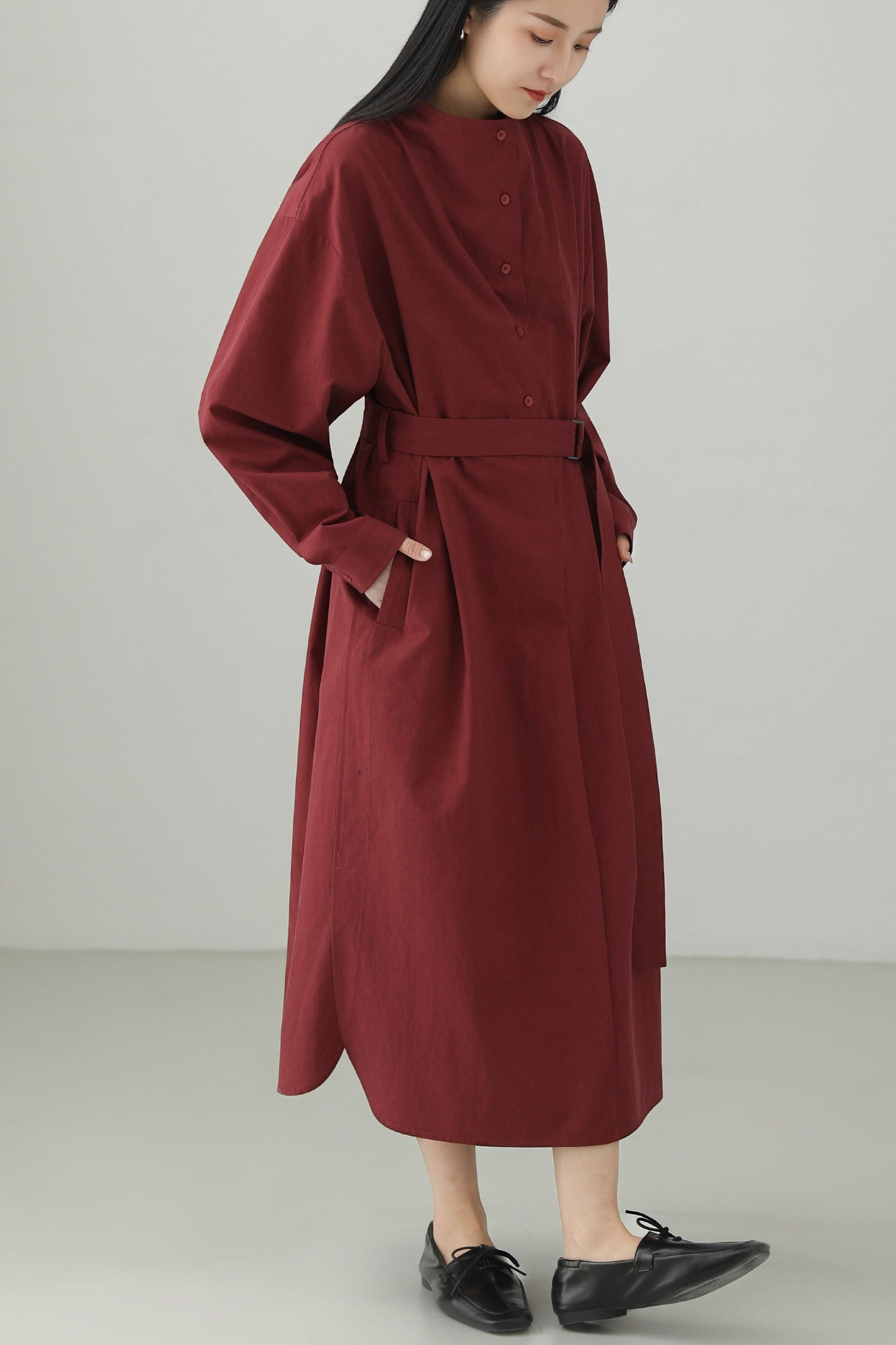 Red Tencel Blend Stand Collar Dress B4663