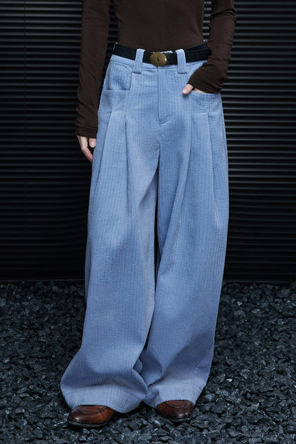Blue corduroy lazy style wide pants B4372