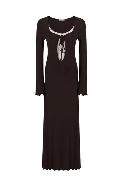 Bicolor Faux Layered Square Neck Flare Sleeve Dress B4940