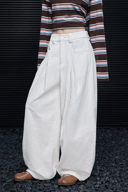 白色燈芯絨寬褲 B4352