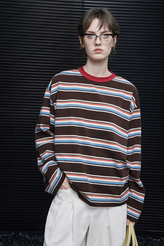 コットンストライプドロップショルダー長袖Ｔシャツ　B4355
