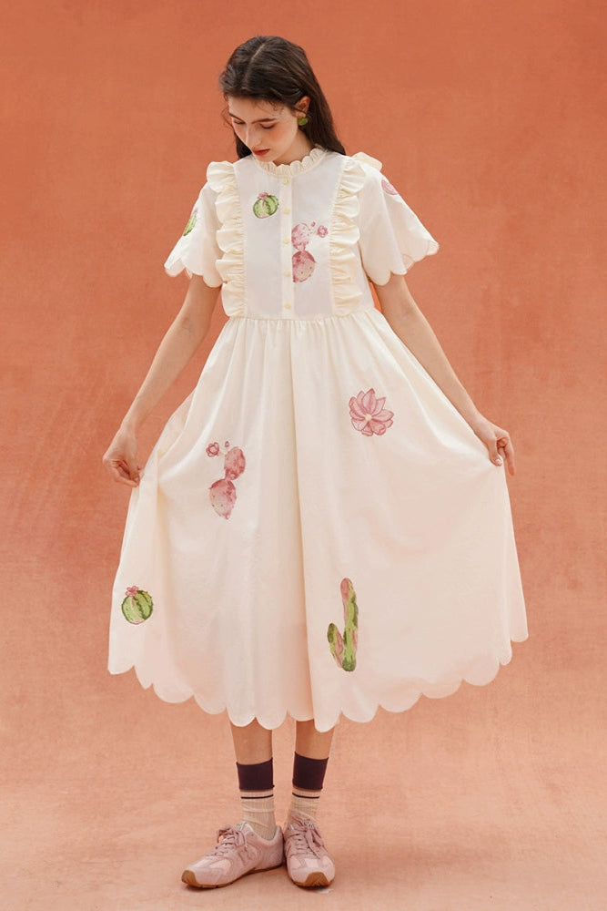 サボテンプリントスカラップフレンチヴィンテージ刺繡ドレス　B3932