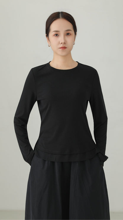 Silk-Trim Layered Hem Long-Sleeve T-Shirt B5003