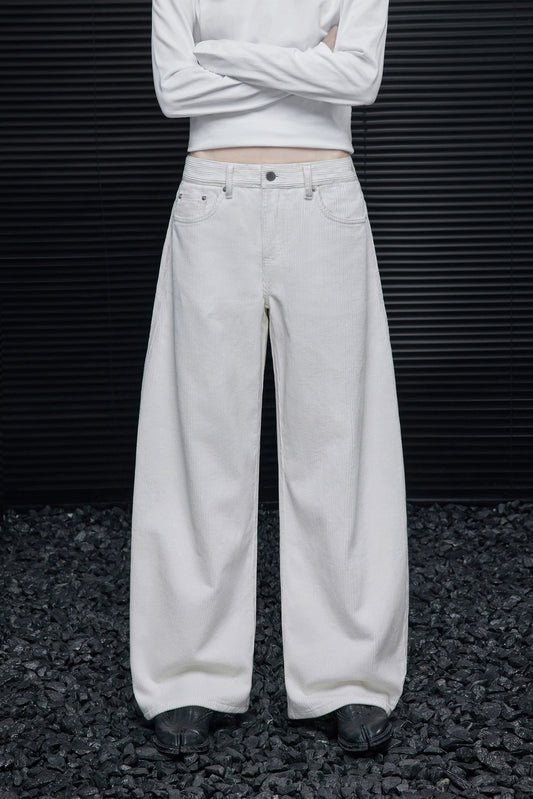 白色燈芯絨闊腿褲 B4548