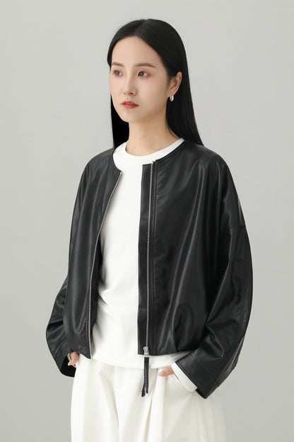 Minimalist PU Leather Cropped Jacket B4657