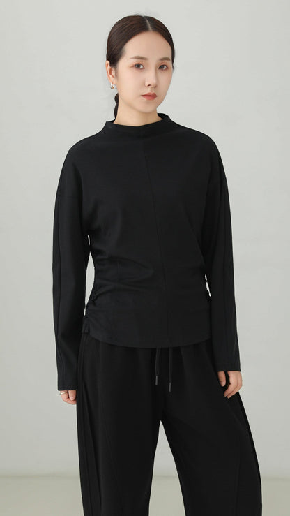 Bottleneck Side-Shirring Drape Long Sleeve T-Shirt B5001