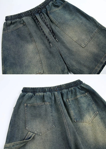 Big pocket half-length denim pants B2814