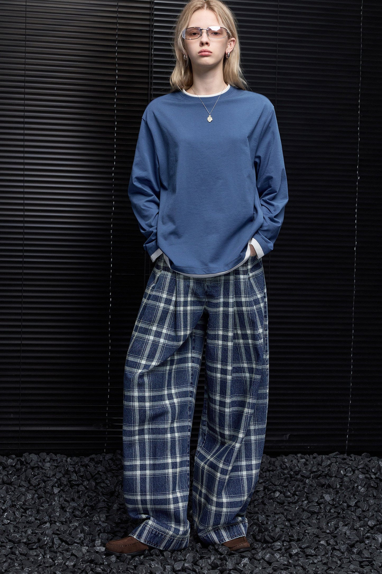 ブルー️️️×ホワイトチェックコットンワイドパンツ　B4934