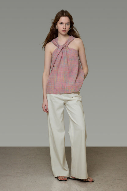 French Check Twist Halter Camisole B4843