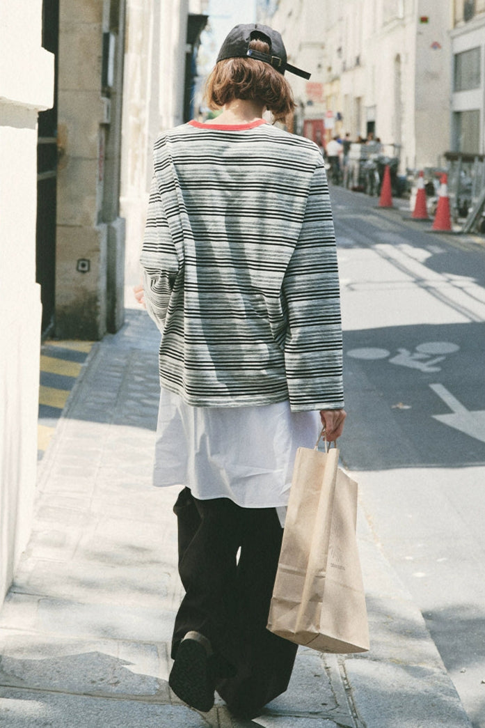 條紋撞色長袖T卹 B4215