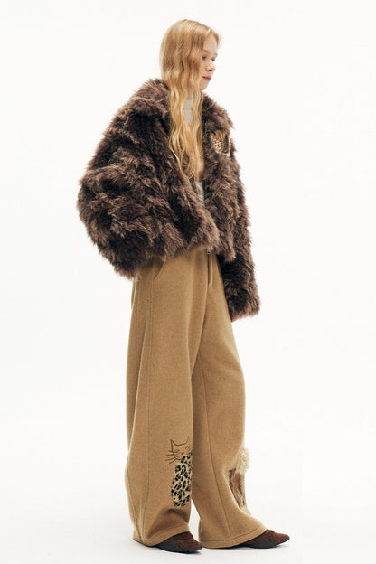 キャットアップリケ刺繡ウール混シミターパンツ　B4590