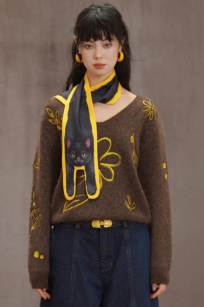 レトロブラウンフラワー刺繡セーター　B4456