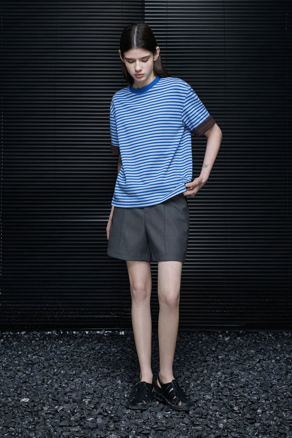 ブルーストライプロールヘム半袖Tシャツ　B4693