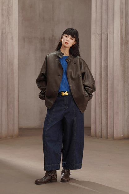 普魯士藍闊腿彎刀牛仔褲 B4448