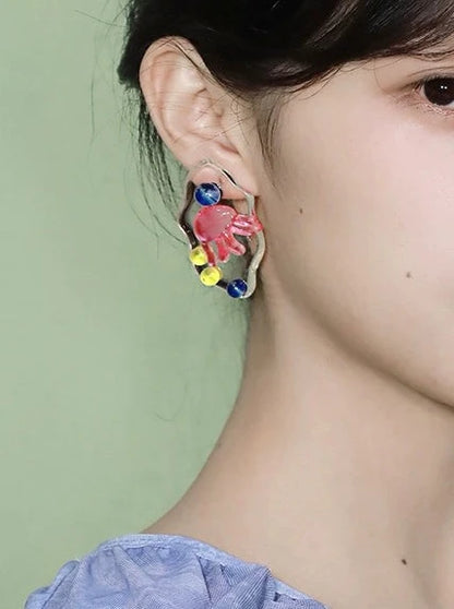 Blue dolphin &amp; pink octopus asymmetry earrings B2720