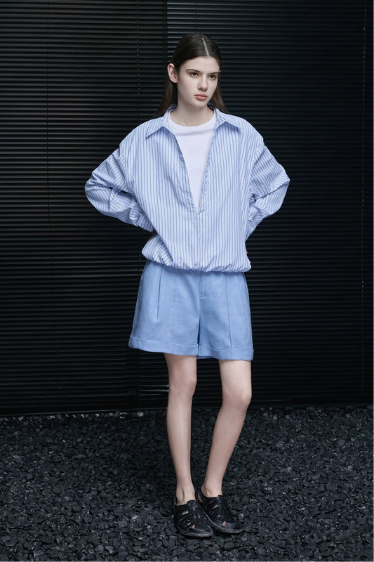 ストライプVネックフェイクツーピースシャツ　B4714