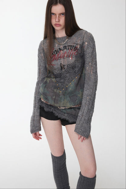 アイスランドアニマルプリントオープンワークセーター　B4392