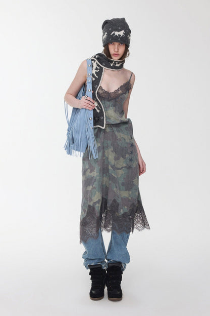 迷彩蕾絲V領吊帶裙 B4394