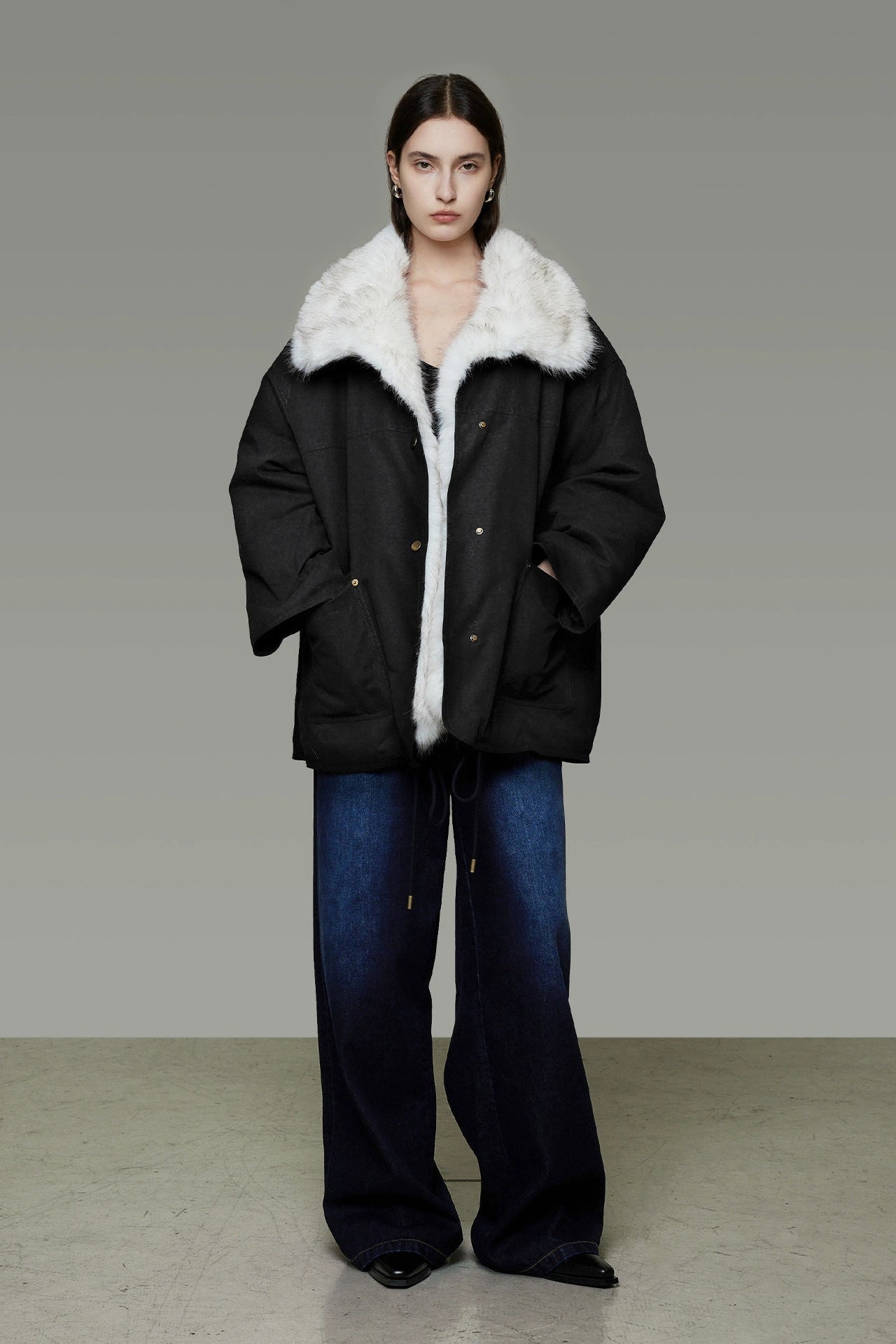 人造毛皮可拆式領加厚外套 B4492
