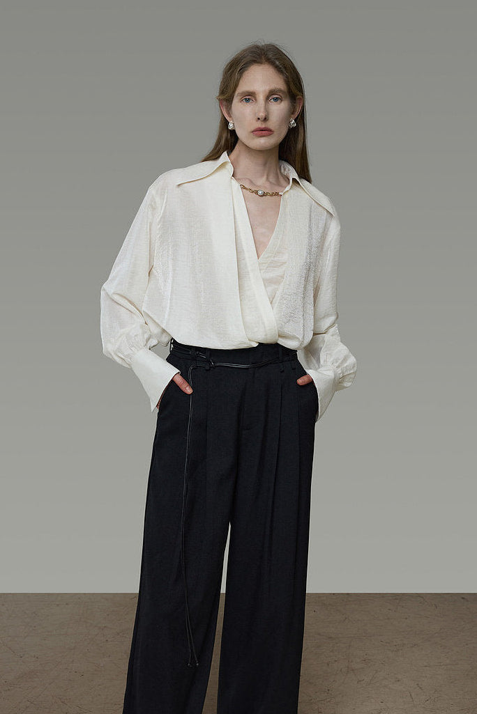 Cross-Wrap Design Faux Layered V-Neck Shirt B4937
