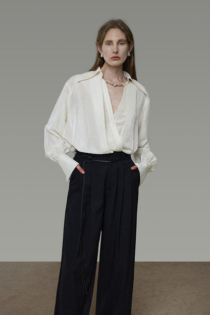 Cross-Wrap Design Faux Layered V-Neck Shirt B4937