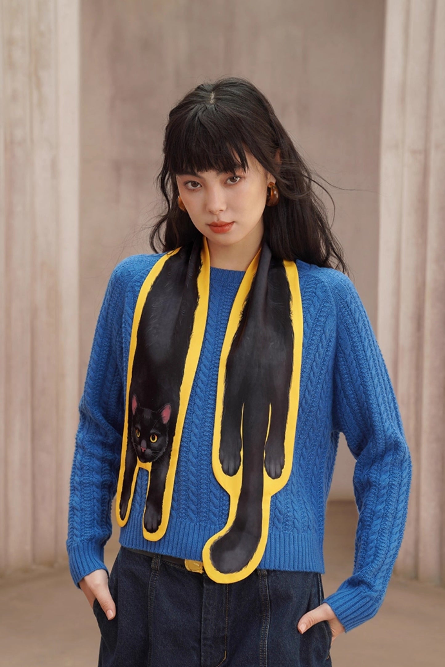 黒猫プリントユニークスカーフ　B4453