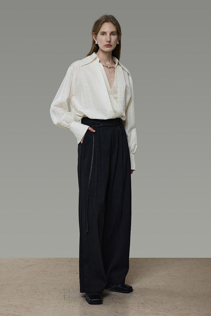 Cross-Wrap Design Faux Layered V-Neck Shirt B4937