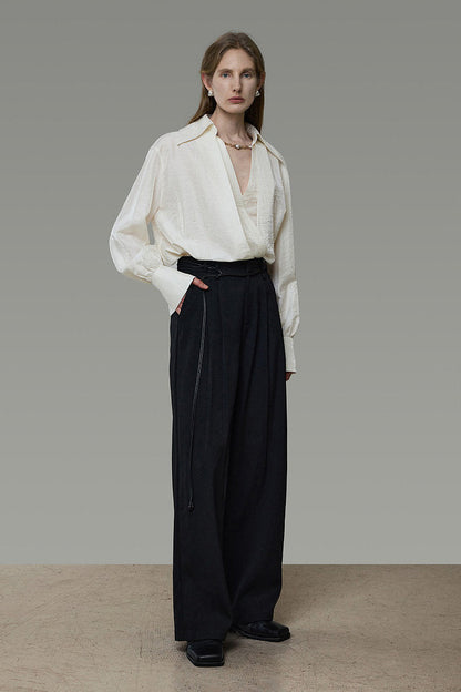 Cross-Wrap Design Faux Layered V-Neck Shirt B4937