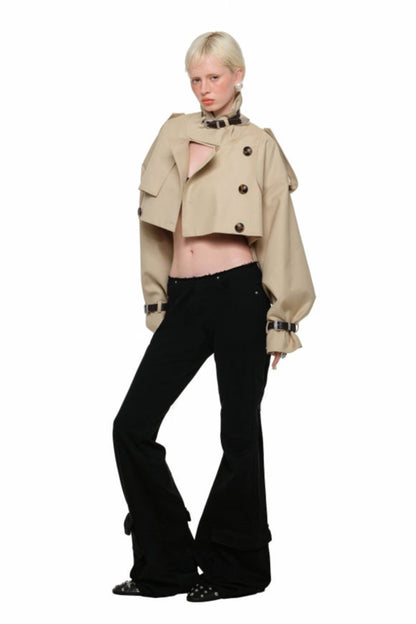 大口袋水洗帆布復古喇叭褲 B3792