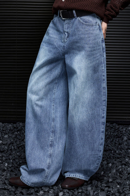 Striped Washed Wide Denim Pants B4956