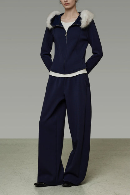 Fur collar fake two-piece top and cropped pants set B4511