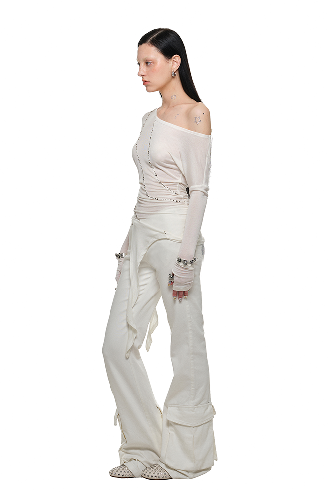 大口袋水洗帆布復古喇叭褲 B3792