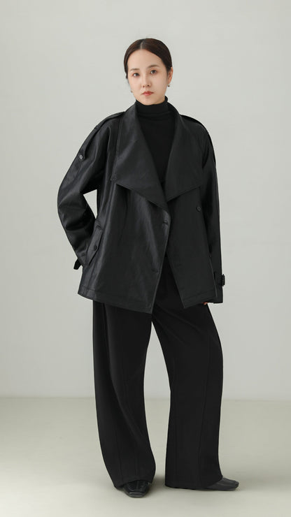 Black PU Leather Belted Stand Collar Jacket B5008