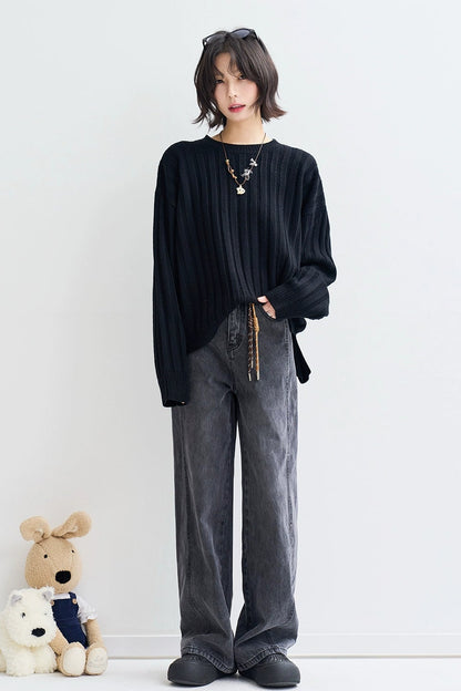 Black drop shoulder loose sweater B4434
