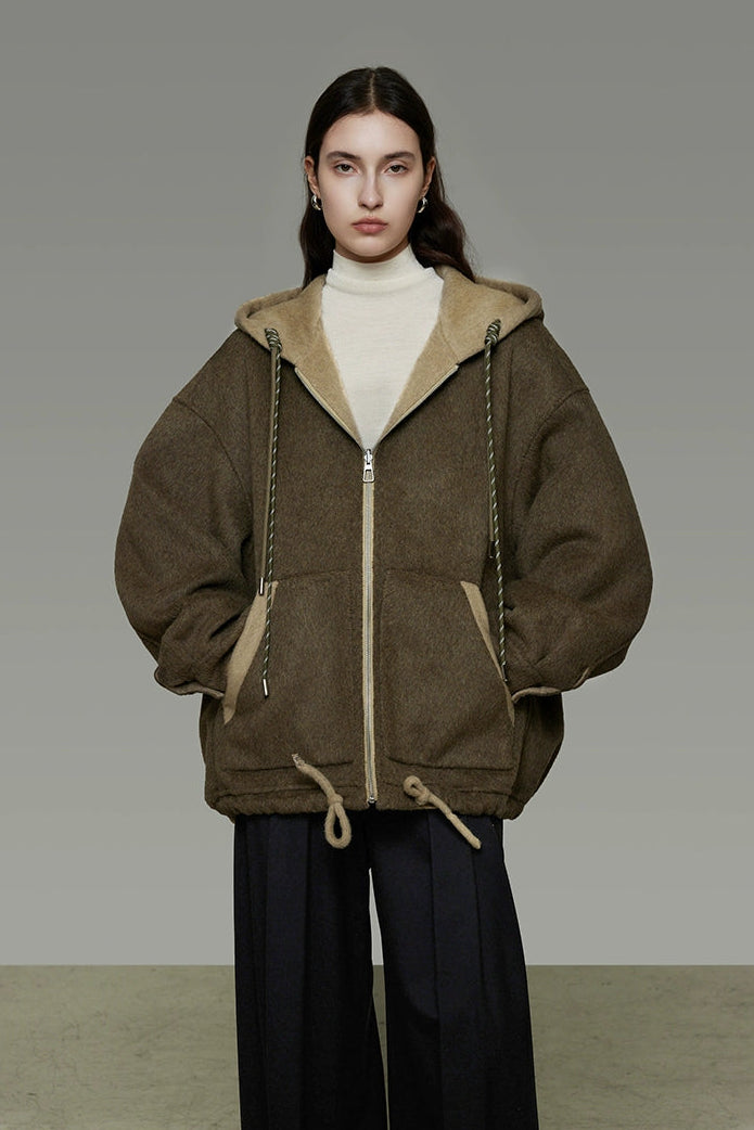 Reversible double-face wool hooded short coat B4510