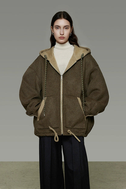 Reversible double-face wool hooded short coat B4510