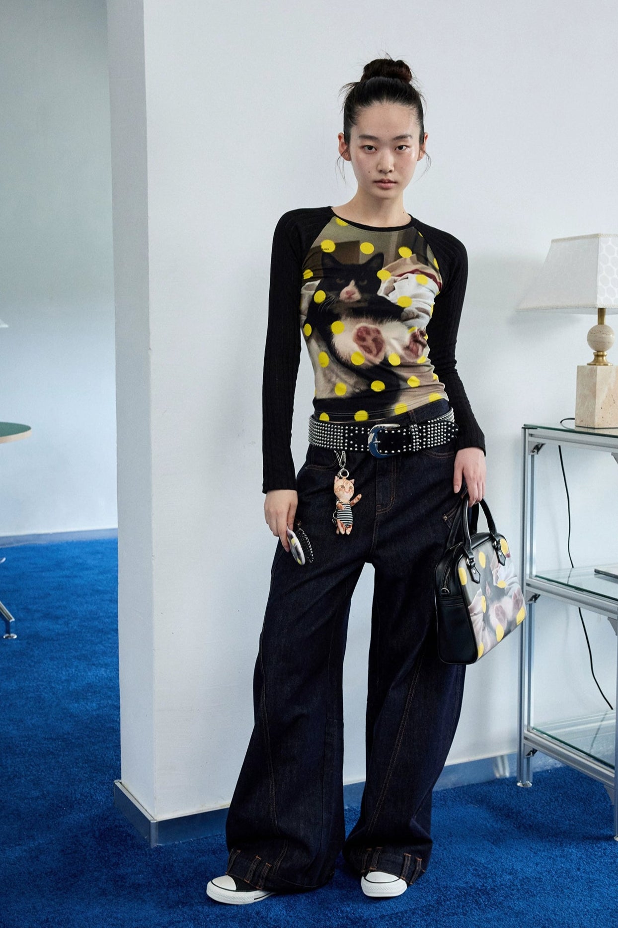 キャット＆ドッグ ドットプリントスリミングTシャツ　B4320