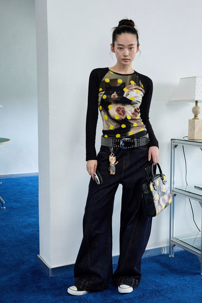 キャット＆ドッグ ドットプリントスリミングTシャツ　B4320