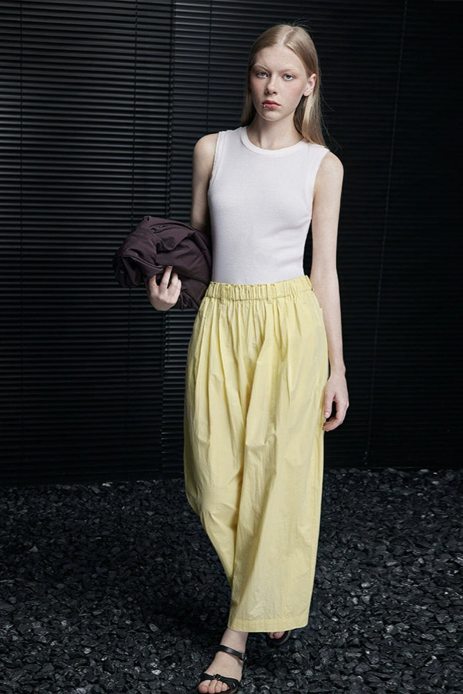 レモンイエローストレートワイドルーズクロップドパンツ　B3949