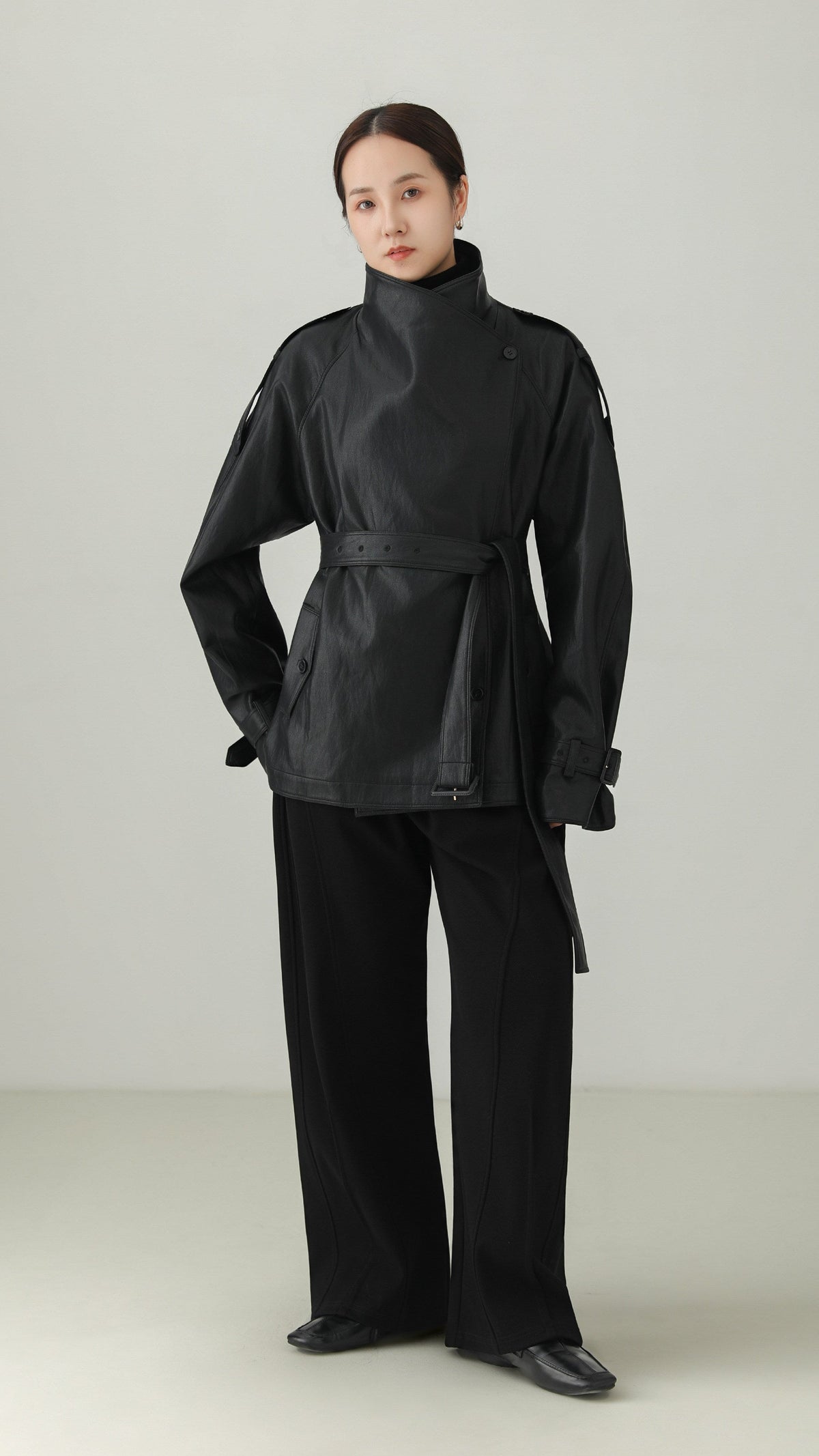 Black PU Leather Belted Stand Collar Jacket B5008