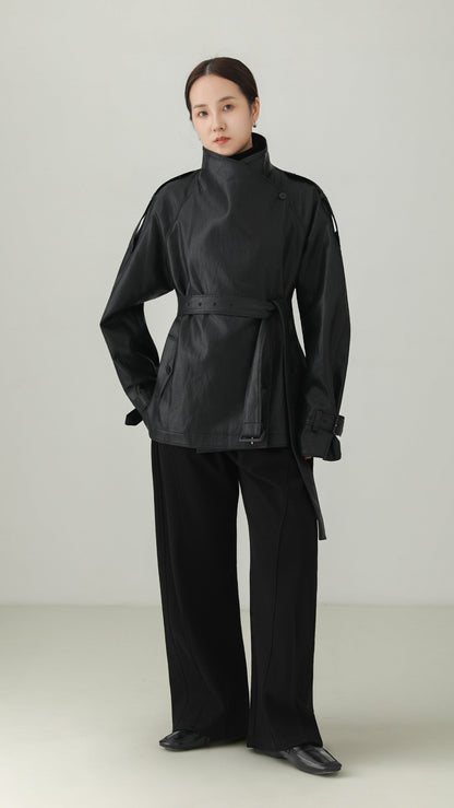 Black PU Leather Belted Stand Collar Jacket B5008
